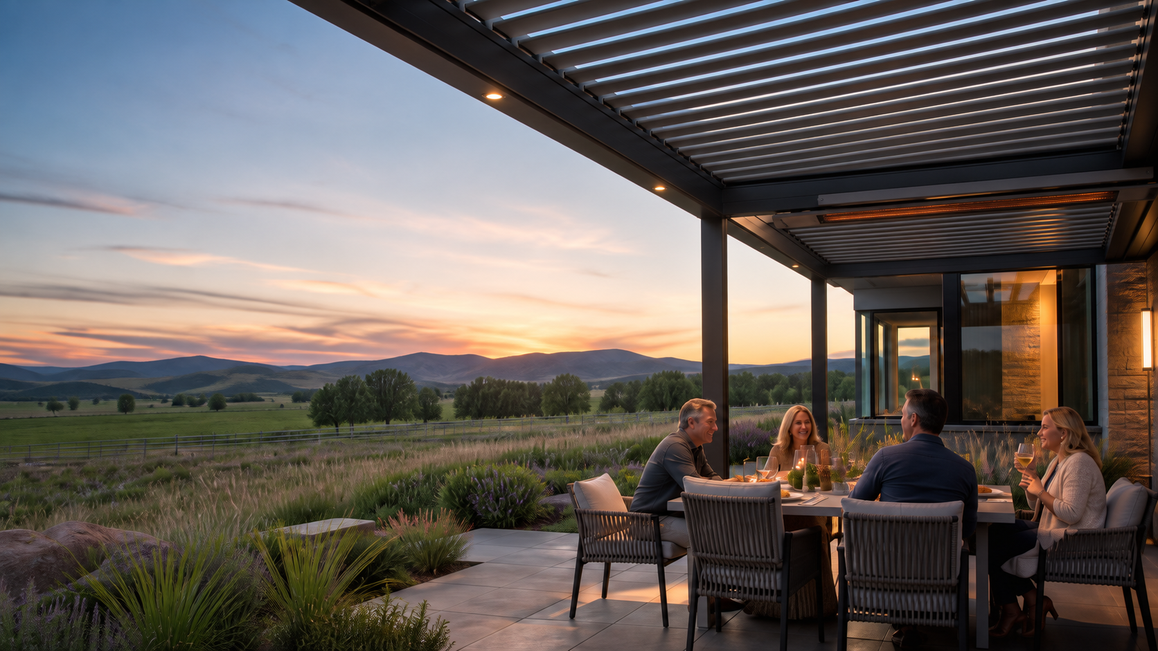 Concept image of friends sharing dinner beneath a pergola overlooking a Montana landscape at sunset